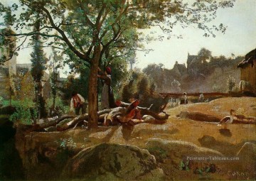 romantique romantisme Tableau Peinture - Paysans sous les arbres à l’aube Morvan plein air romantisme Jean Baptiste Camille Corot